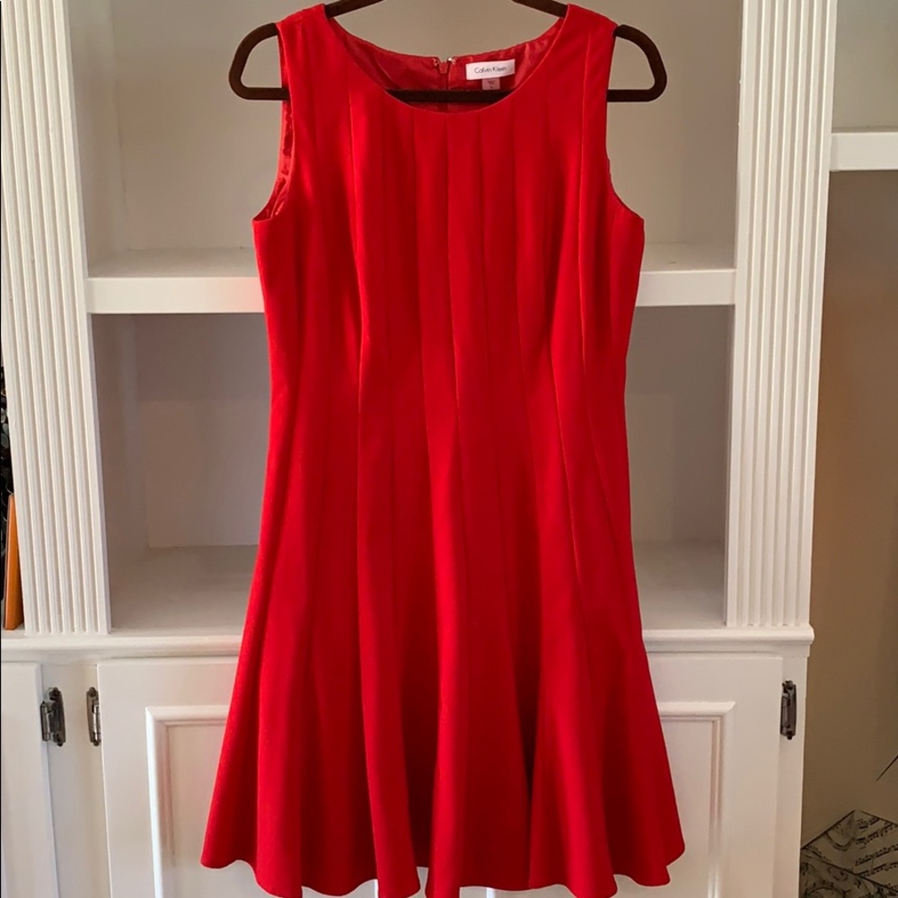 Red Calvin Klein dress, swingy skirt, Sz. 8.